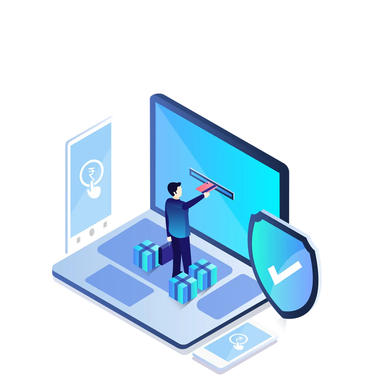 Paykosh Payment Gateway- Person Holding Card through Laptop, verified icon and rupee on phone screen