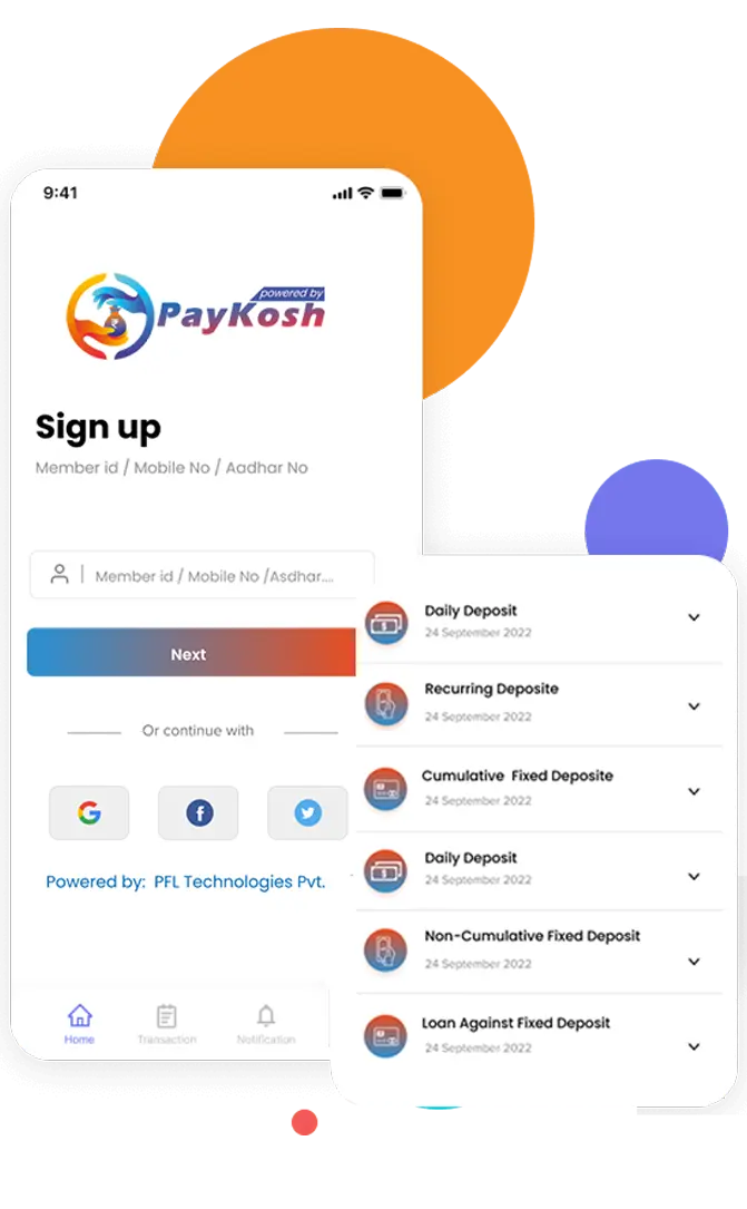 Mobile App Screen and Deposits Page, Paykosh Sign up with member id, mobile number or Aadhaar Number on Mobile App 