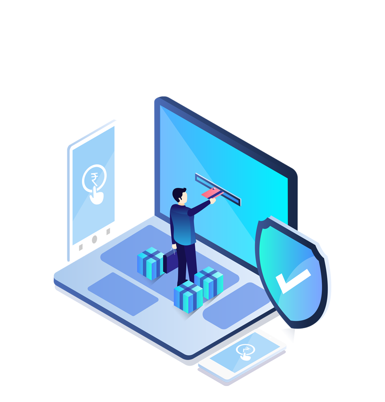 Paykosh Payment Gateway- Person Holding Card through Laptop, verified icon and rupee on phone screen